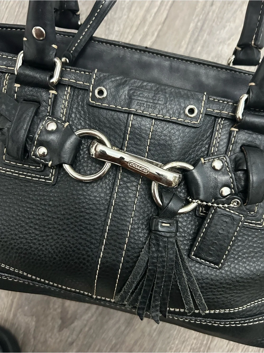 Coach Black Pebbled Leather Shoulder Bag with Silver Hardware and Tassel
